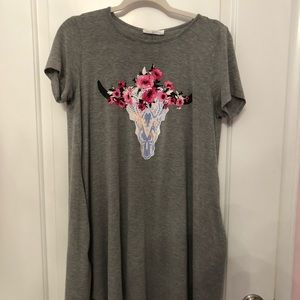 Grey T-Shirt Dress with Cow Skull and pockets